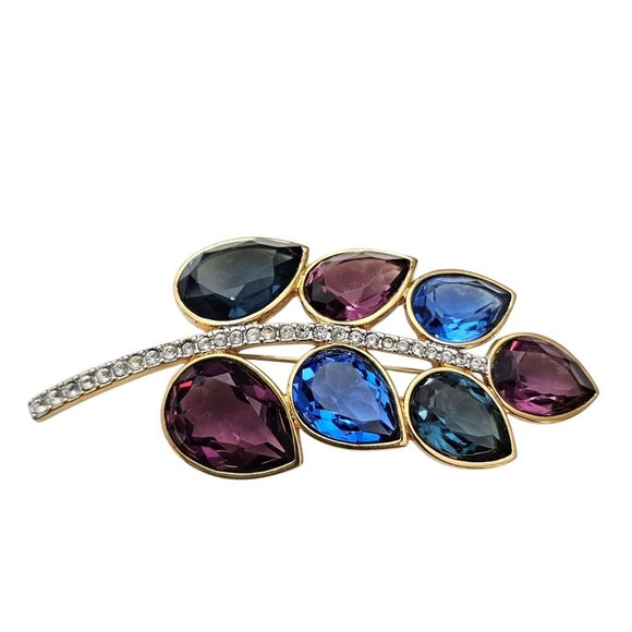 Swarovski Open Back Crystal Leaf Brooch, Purple Blue Clear Marked Swan Logo Pin - Picture 2 of 11